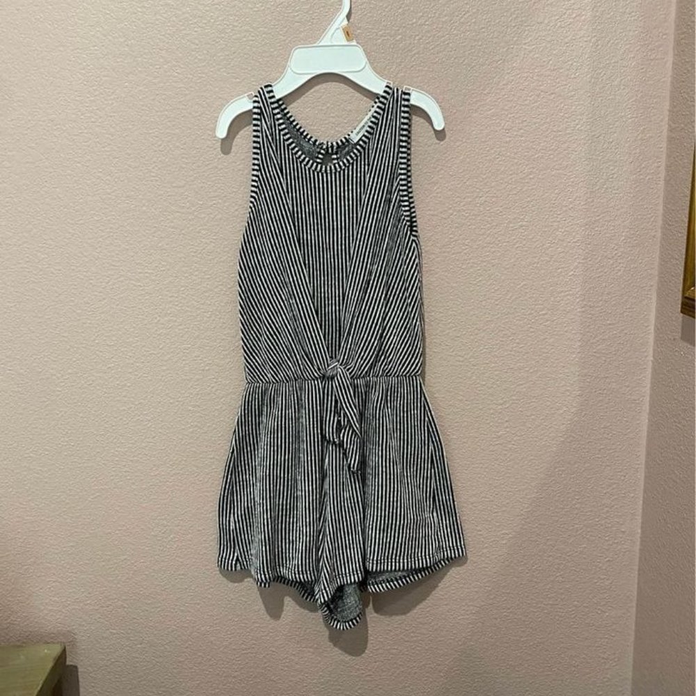 Caution to the Wind Girl’s Black/White Striped Romper - 6/7